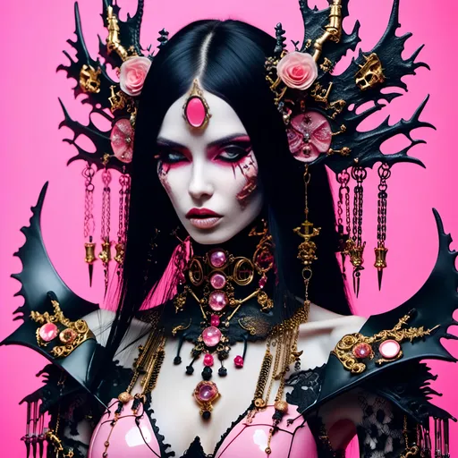 Prompt: <mymodel>woman with a robotic jewelry face, porcelain skin and human body, long vampire golden fangs as teeth, pink details, leather fashion, long black hair, white background