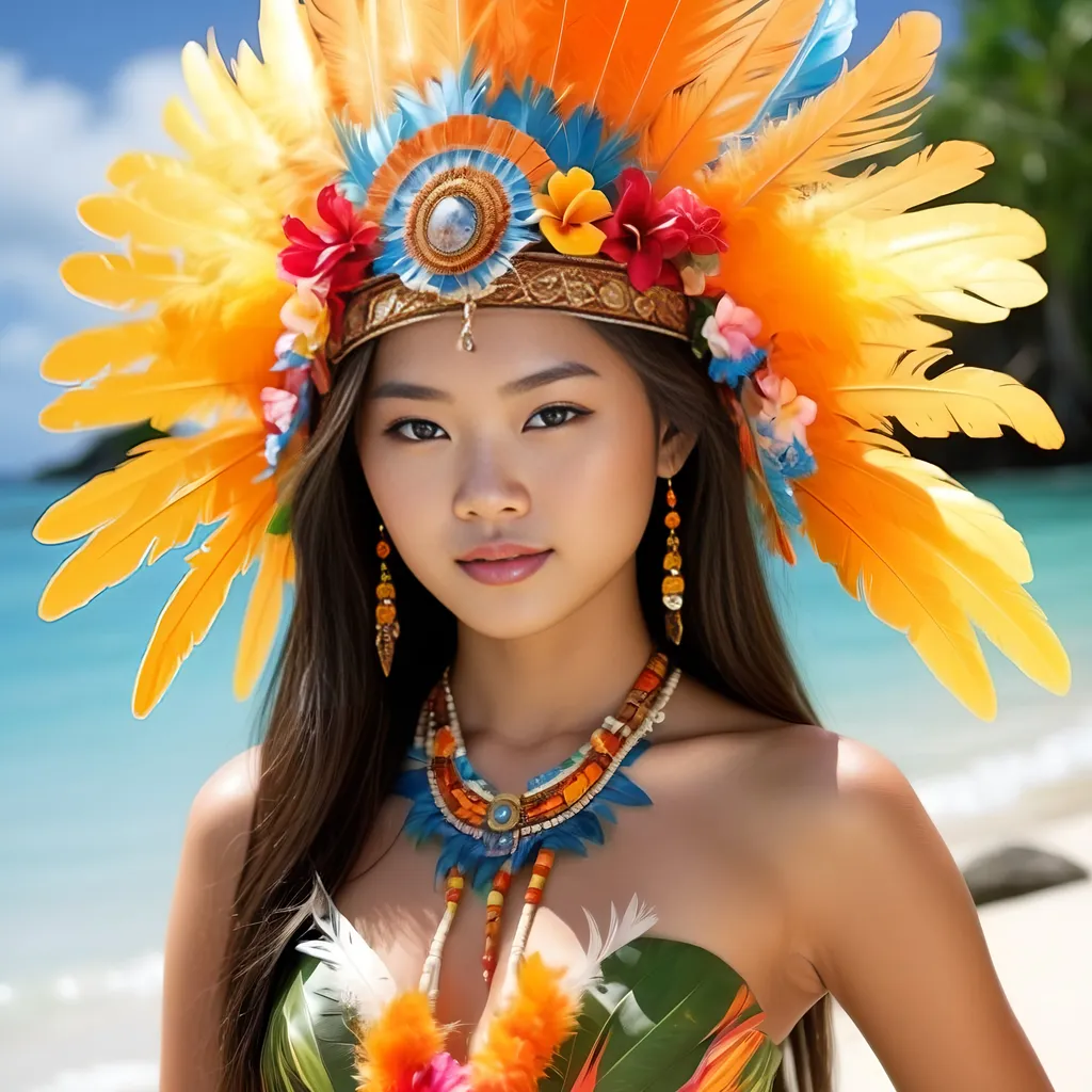 Prompt:  <mymodel> beautiful teen asian female, princess of her island, adorned in tropical garb, beautiful feathered headdress, tanned, ultraphotorealistic 