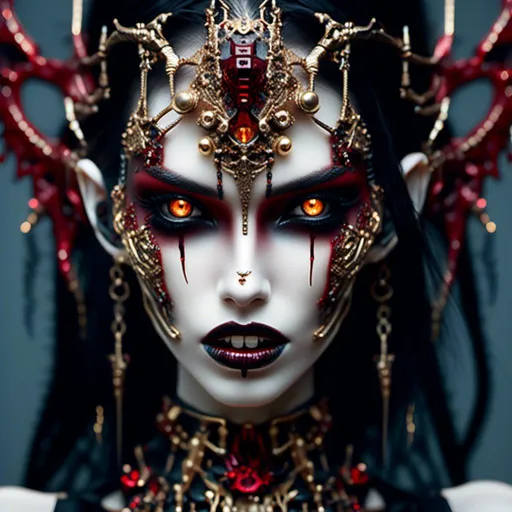 Prompt: <mymodel>woman with a robotic jewelry face, porcelain skin and human body, long vampire golden fangs as teeth jutting out of her slightly open mouth, dark red details, leather fashion, long black hair, white background