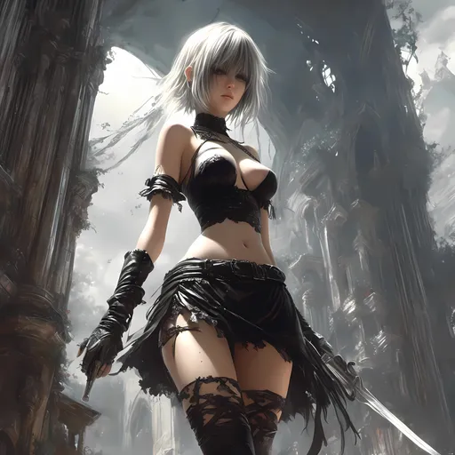 Prompt: yorha b, nier automata, black skirt, white undershorts, unreal engine, ultradetailed, by Luis Royo  <mymodel>