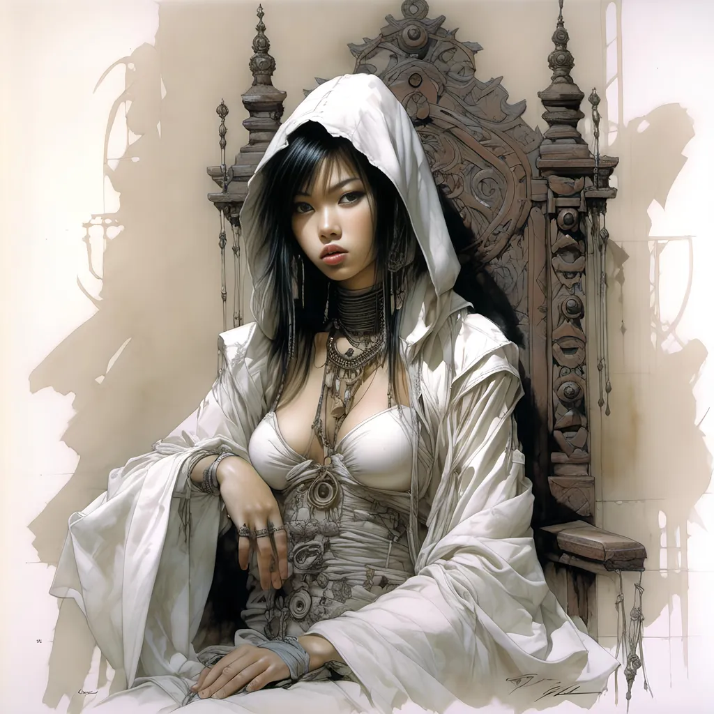 Prompt: life drawing a young asian girl oracle, dressed only in hood, sitting on tall chair, many Details, Luis Royo <mymodel>