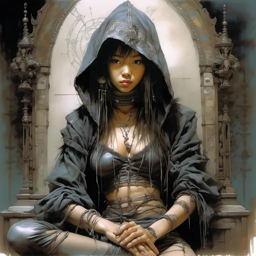 Prompt: life drawing a young asian girl oracle, dressed only in hood, sitting on tall chair, many Details, Luis Royo <mymodel>