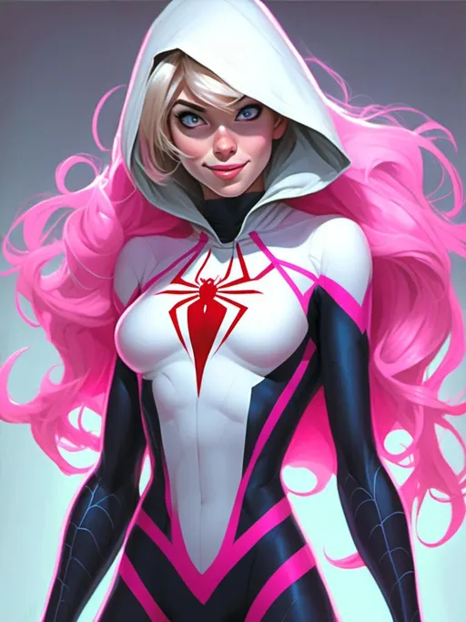 Prompt: Spider Gwen, large chest,  full body portrait, color pencil on paper <mymodel>