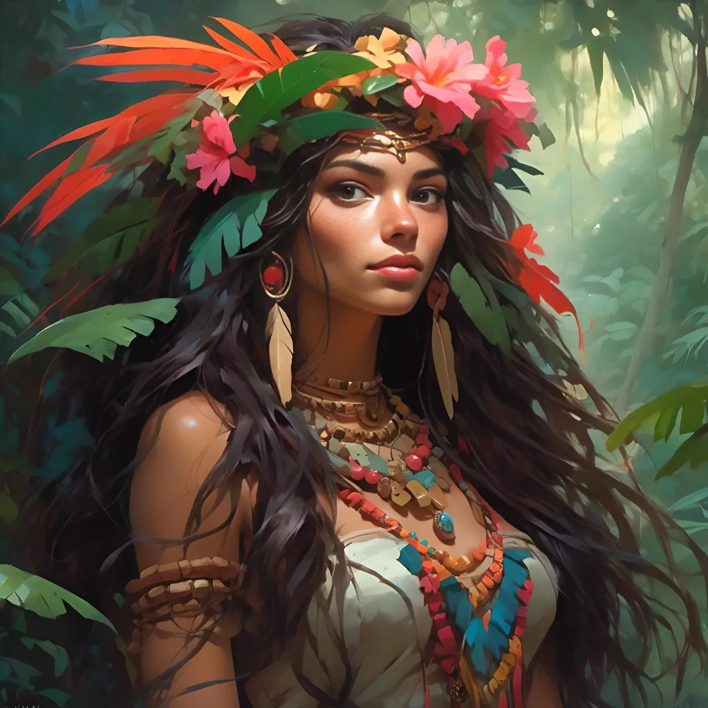 Prompt: jaguar princess of the jungle, amazon, beautiful, flowing hair, headdress <mymodel>