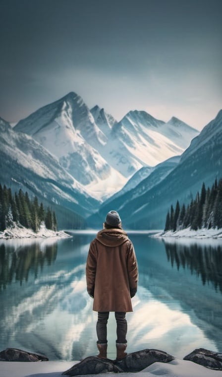 Prompt: create an image of a forest stranger looking at a lake between snow covered mountains.  