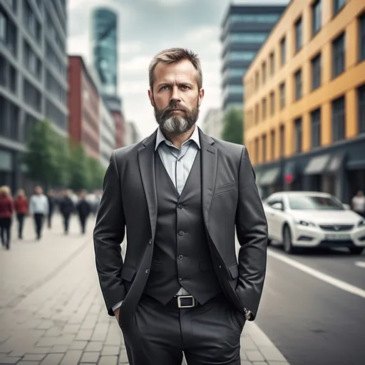 Prompt: Create a realistic full-length picture of a person with the following characteristics: 45-year-old man, typical manager, short fair hair, sporty, has a beard, Lithuanian, modern urban fashion - business casual, without tie and gilet, loves traveling, has an urban busy street with high-rising buildings and  his own car in the background. 
