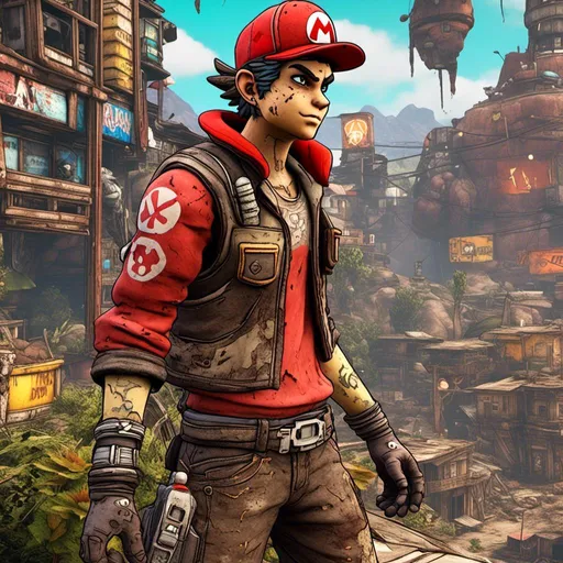 Prompt: <mymodel> A reimagined, ultra-realistic image of Mario, the iconic video game character, set in the vibrant and surreal world of the Super Mario game, but rendered with the distinct, gritty art style of the Borderlands series. Mario is depicted as a heroic figure, standing confidently in the foreground, wearing his signature red cap with the "M" emblem, a worn-out red shirt, and blue overalls that show signs of wear and tear. His gloves are slightly dirt-stained, and his boots are scuffed, adding a sense of rugged realism. His mustache is thick, and his eyes are expressive, conveying determination and readiness for adventure.

The environment around Mario is a fusion of the whimsical Super Mario world and the cel-shaded, comic book-like visuals of Borderlands. The iconic green pipes emerge from the ground, their surfaces scratched and covered with graffiti. The ground is a mix of cracked stone paths and patches of grass, with mushrooms and Goombas in the background, rendered in a more menacing, dark style. The sky is an exaggerated, vivid blue, with large, stylized clouds hovering above.

In the distance, a castle can be seen, looming with its turrets covered in vines and lit by a warm, golden light that casts long shadows. The background is filled with cartoonish elements from the Mario universe, such as floating question mark blocks and spinning coins, but all portrayed with a gritty, textured look, and heavy outlines that are characteristic of the Borderlands aesthetic.

The lighting is dynamic, with a strong backlight creating dramatic shadows and enhancing the sense of depth. The entire scene is infused with the signature cel-shaded look, featuring thick black outlines and a high-contrast color palette, making it feel both surreal and real at the same time. This crossover of the cheerful Super Mario world and the edgy, post-apocalyptic vibe of Borderlands creates a visually striking and unique interpretation of Mario’s universe.