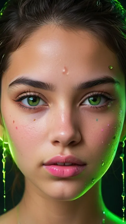 Prompt: The image features a close-up portrait of a young girl with striking features and an intense gaze. Her dark hair falls messily around her face, enhancing the expressive depth of her brown eyes. The most captivating aesthetic elements are her bright, neon green eyeshadow and similarly colored tear-like droplets trailing down her cheeks. These droplets, along with the shine on her skin, suggest an artistic or stylized portrayal rather than a candid moment. Her lips are painted a vivid pink, which contrasts sharply with the green accents and her otherwise natural skin tone. The background is smoothly blurred, focusing all attention on her face and the vibrant makeup details, giving the image a dramatic, almost fantastical quality.