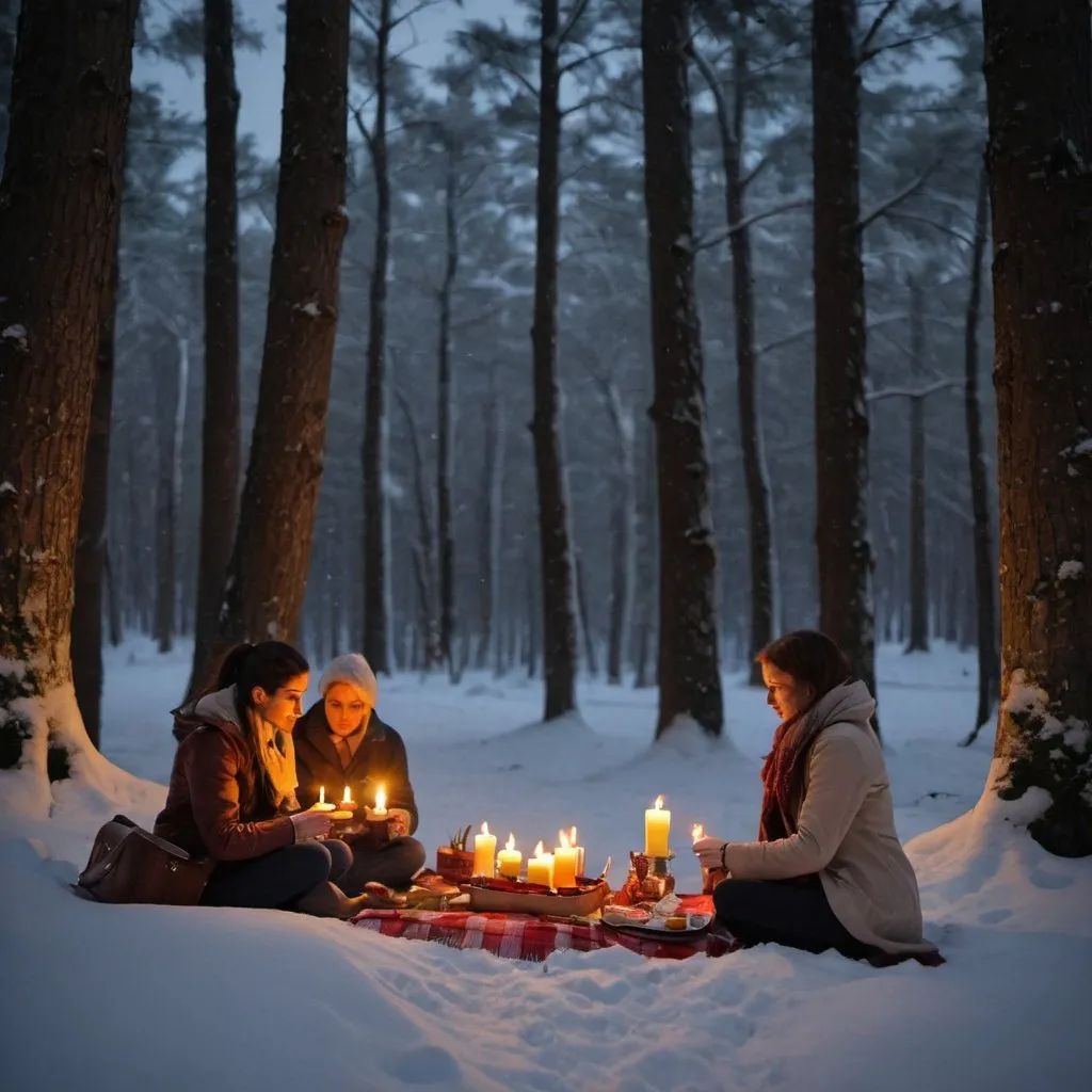 Prompt: a candle lit picnic in a snowy forest