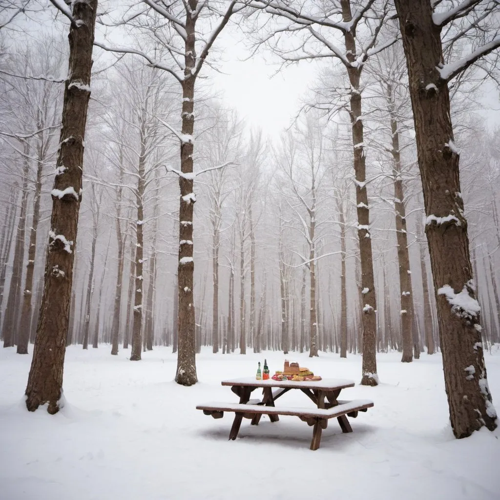 Prompt: a picnic is a snowy forest without people