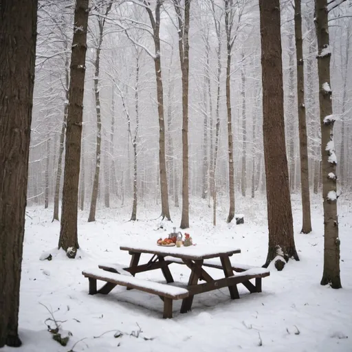 Prompt: a picnic is a snowy forest without people