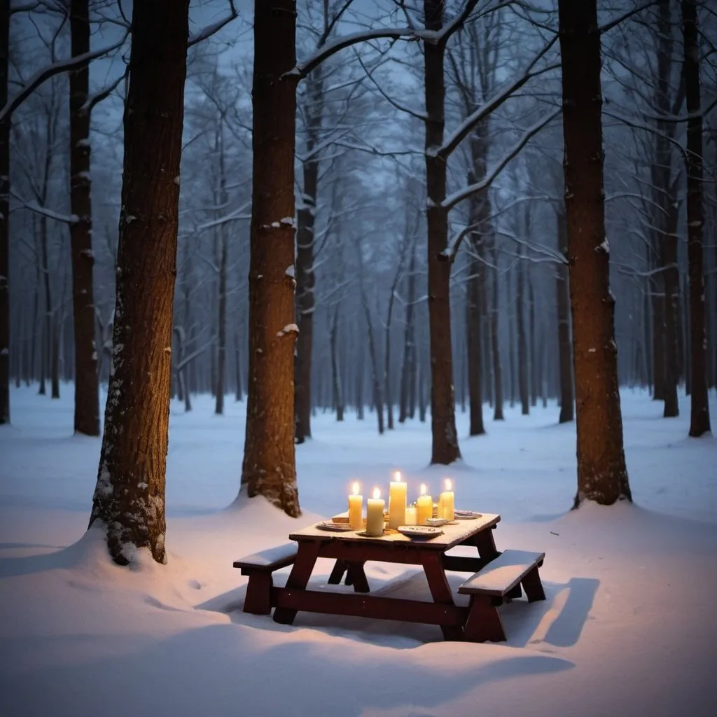 Prompt: a candle lit picnic is a snowy forest without people