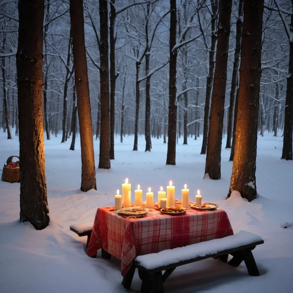 Prompt: a candle lit picnic is a snowy forest without people