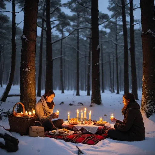 Prompt: a candle lit picnic in a snowy forest