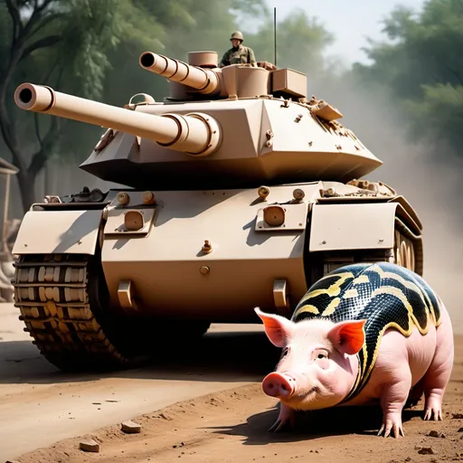 Prompt: half Pig and half snake  in standing with tank on war