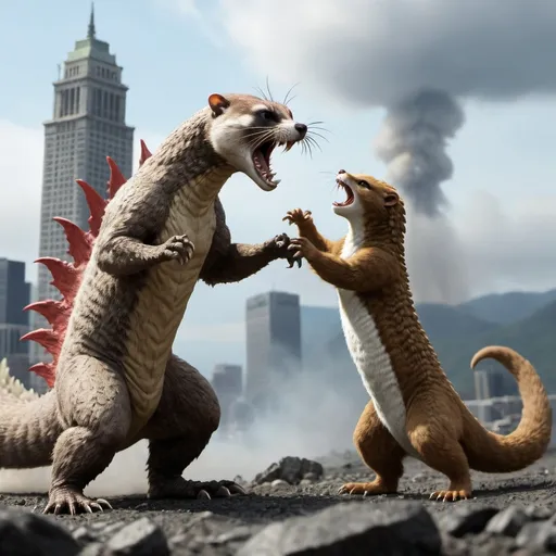 Prompt: A normal sized weasel fighting and winning against Godzilla in the style of "David Vs Goliath"