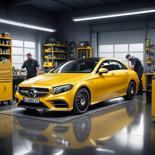 Prompt: create a mercdes-benz yellow color sedan in a workshop with technicians working around it