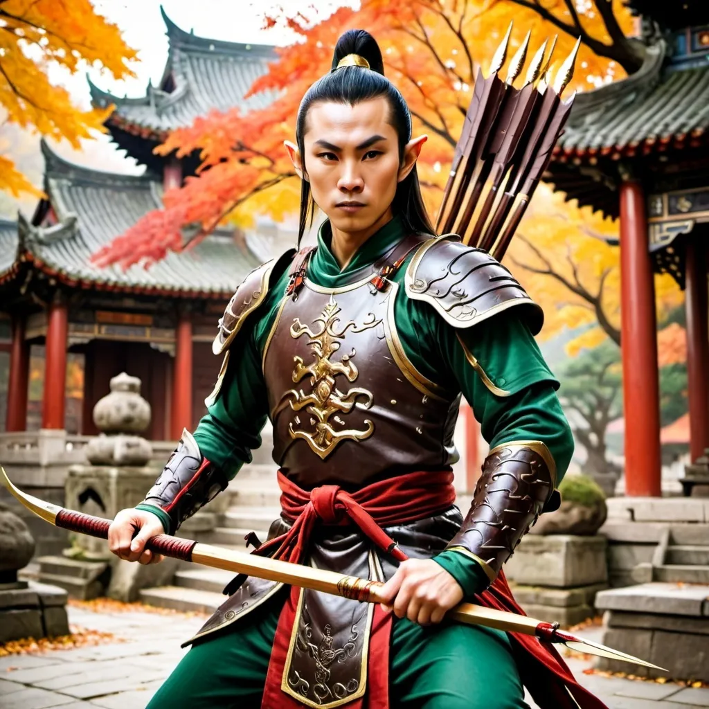 Prompt: asian elf martial artist with spear in chinese armour in a temple in autumn