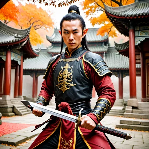 Prompt: asian elf martial artist with sword in chinese armour in a temple in autumn