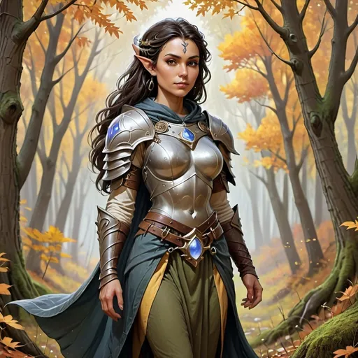 Prompt: scale mail female dark hair olive skin half elf cleric of moon goddess in a forest clearing in autumn