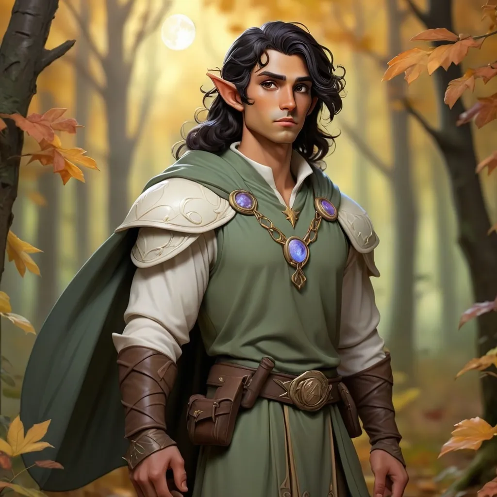 Prompt: scale male dark hair olive skin half elf cleric of moon goddess in a forest clearing in autumn