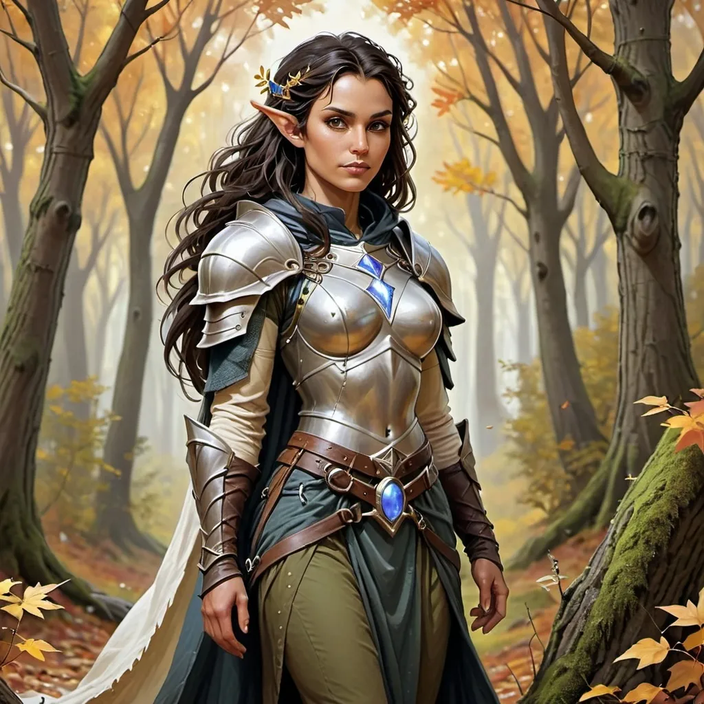 Prompt: scale mail female dark hair olive skin half elf cleric of moon goddess in a forest clearing in autumn