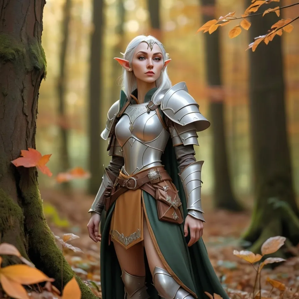 Prompt: armoured half elf cleric of moon goddess in a forest clearing in autumn