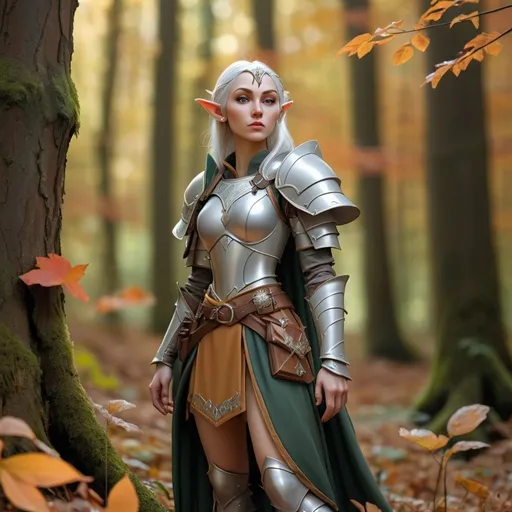 Prompt: armoured half elf cleric of moon goddess in a forest clearing in autumn