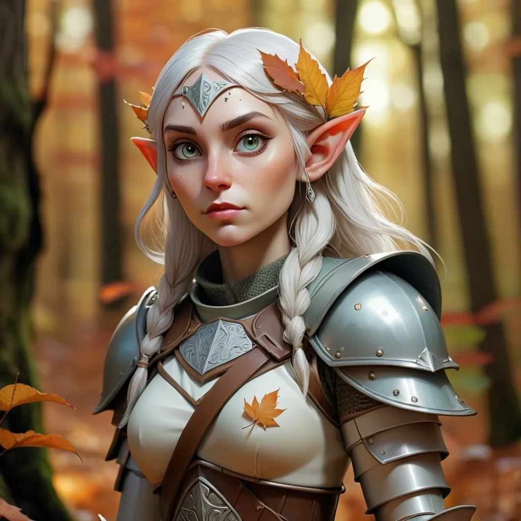 Prompt: armoured half elf cleric of moon goddess in a forest clearing in autumn