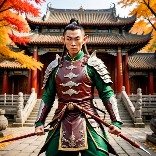 Prompt: asian elf martial artist with spear in chinese armour in a temple in autumn