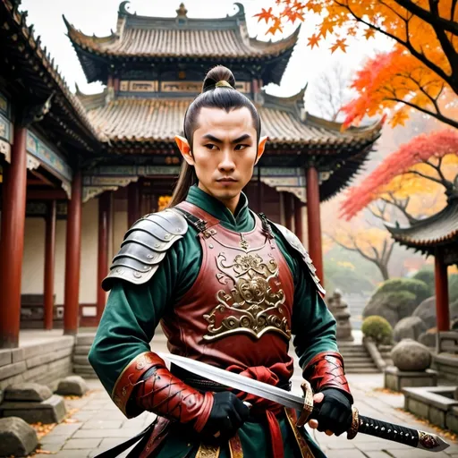 Prompt: asian elf martial artist with sword in chinese armour in a temple in autumn