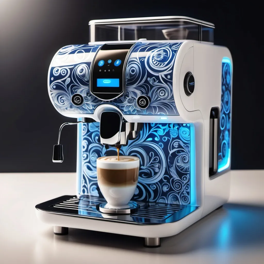 Prompt: Futuristic white coffee machine with Russian folk blue Gzhel patterns. Lighting effect. Transparent materials.