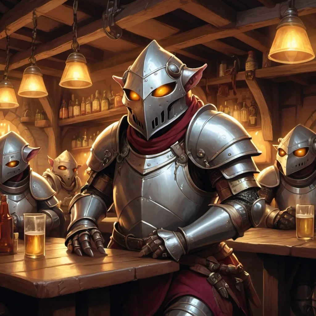 Prompt: an anthropomorphic humanoid, wearing full body plate armor, wearing a snouted helmet covering their face, glowing eyes, magi-tech, autognome, kobold, warforged, in a busy fantasy themed tavern