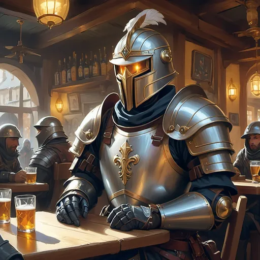 Prompt: an anthropomorphic humanoid, wearing full body plate armor, wearing a visored helmet covering their face, in a busy fantasy themed tavern, by peter mohrbacher