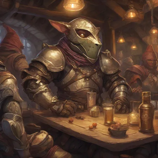 Prompt: a short anthropomorphic humanoid, wearing full body plate armor, wearing a snouted helmet covering their face, glowing eyes, magi-tech, autognome, kobold, warforged, in a busy fantasy themed tavern