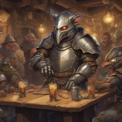 Prompt: an anthropomorphic humanoid, wearing full body plate armor, wearing a snouted helmet covering their face, glowing eyes, magi-tech, autognome, kobold, warforged, in a busy fantasy themed tavern