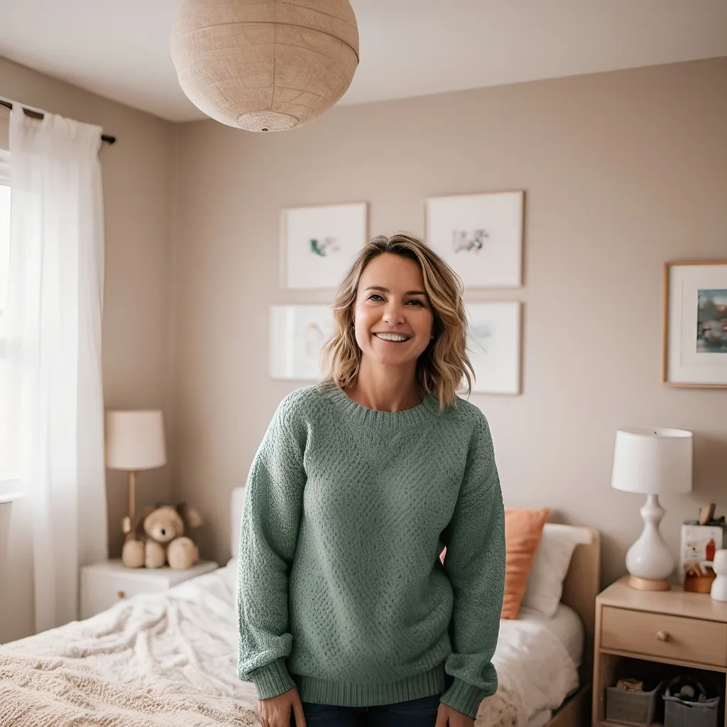 Prompt: a 35 year old woman standing in a child's bedroom wearing a sweater 
happy that the room smells so good