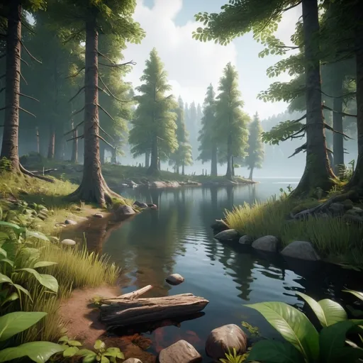 Prompt: a mysterious forest next to a lake, high quality, unreal engine
