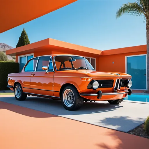 Prompt: BMW 2002tii 1969 car, hyperrealistic, vivid colors, orange, futuristic house with pool, clear blue sky, high quality, detailed design, hyperrealism, vintage car, sleek architecture, outdoor setting, professional, vibrant, intense colors