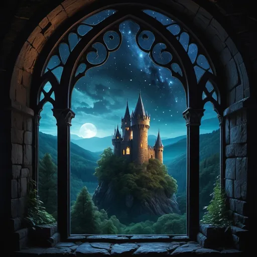 Prompt: (mystical fantasy scene), looking out the  glass window of an ancient castle tower, night sky, enchanted forest beyond, dark color scheme, intricate stonework, ethereal glow, silhouette of trees, stars twinkling in the distance, high detail, atmospheric, magical ambiance, shadowy depths of the forest, ultra-detailed, captivating view, cinematic lighting.