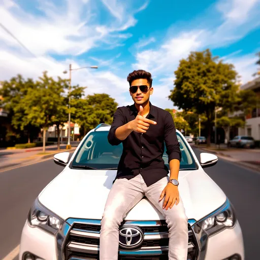 Prompt: A young man confidently sits atop the hood of a white Toyota SUV, dressed in a black shirt and light gray jeans, exuding a relaxed yet edgy vibe. With stylish sunglasses and a playful gesture as he points outward, he captures a carefree moment under a bright blue sky adorned with wispy clouds. The street is lined with sparse greenery and urban buildings, suggesting a lively area, while the sun casts a warm glow, enhancing the scene's vibrancy. The vehicle's grill and distinctive features dominate the foreground, with a sense of motion suggested by the surrounding unoccupied road. Overall, the image conveys a spirited mix of self-assuredness and youthful exuberance amid a city backdrop.