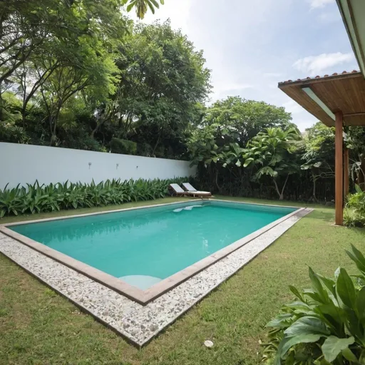 Prompt: Uma piscina em jardim de casa de verão