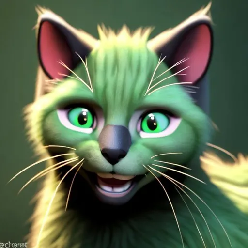 Prompt: Smiling green cat (with fur with small dark streaks that resembles a cactus)