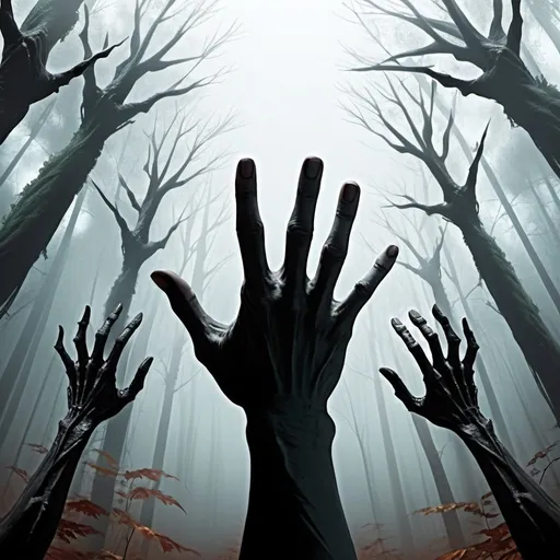 Prompt: Dark Autumn forest. Fantasy. Undead hands reaching up towards the sky. Grasping fingers. Dungeons and dragons style