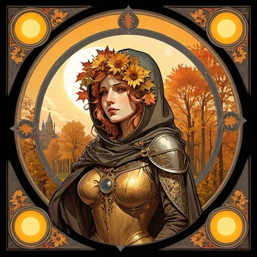 Prompt: Solar eclipse, Autumn colors, Hooded knight centered. Medieval style. Alphonse Mucha style