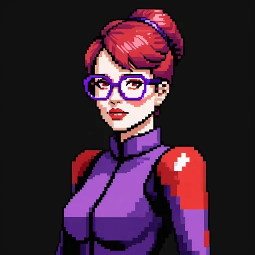 Prompt: a pixel art of a purple woman with 
 red glasses and a purple outfit on, with a black background