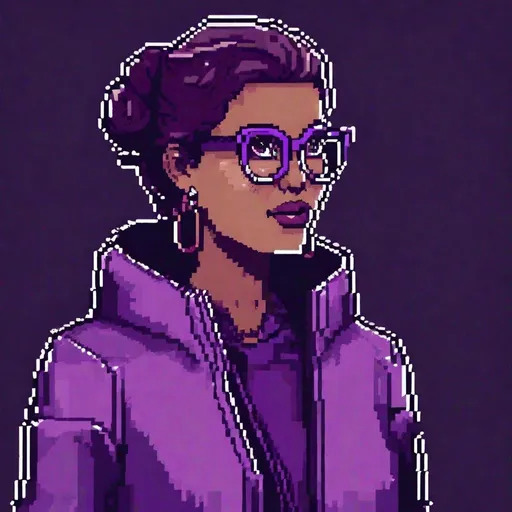 Prompt: a pixel art of a purple woman with glasses and a purple outfit on, with a black background and a black background, Felix-Kelly, pixel art, purple, a character portrait