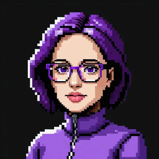 Prompt: a pixel art of a purple woman with glasses and a purple outfit on, with a black background and a black background, Felix-Kelly, pixel art, purple, a character portrait