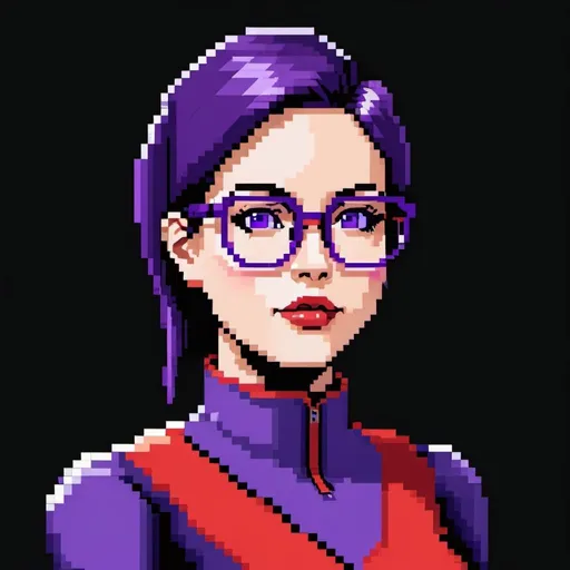 Prompt: a pixel art of a purple woman with 
 red glasses and a purple outfit on, with a black background