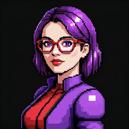 Prompt: a pixel art of a purple woman with 
 red glasses and a purple outfit on, with a black background and a black background, Felix-Kelly, pixel art, purple, a character portrait